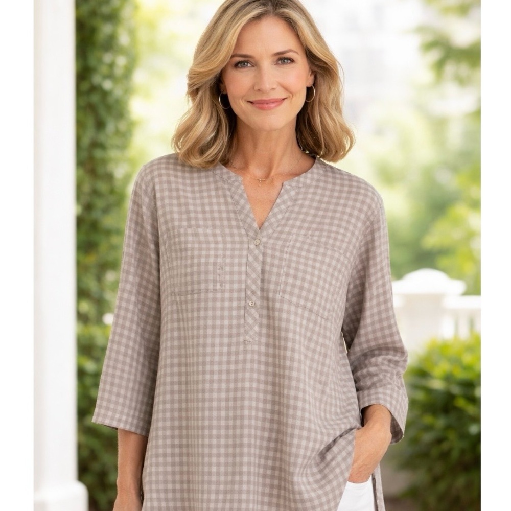Soft Surroundings Carabelle Tunic Beige 3/4 Sleeves Plaid V-Neck Tan Size Large